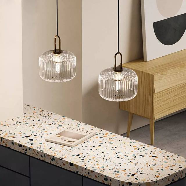 Ribbed Glass Pendant Light-Clear-Drum Lantern