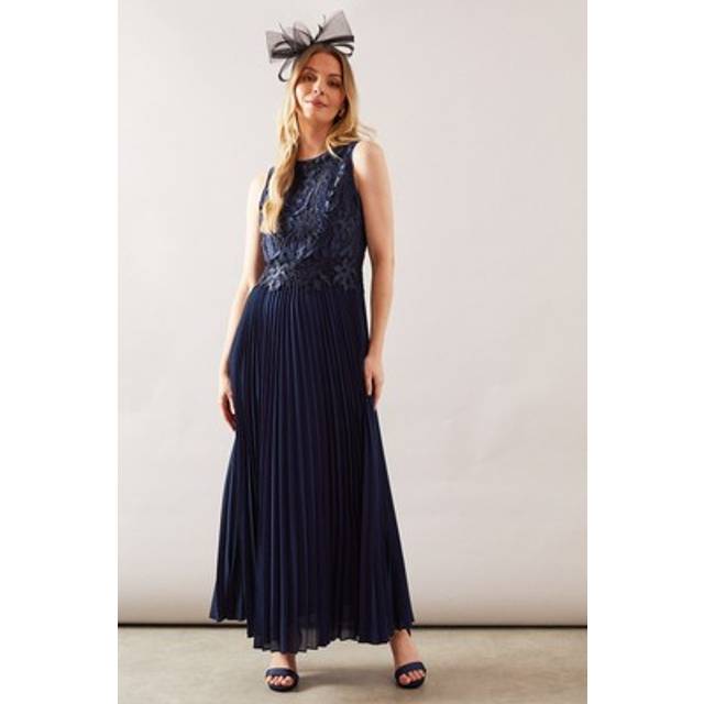 Womens Lace Overlay Pleated Maxi Dress - Navy - 22