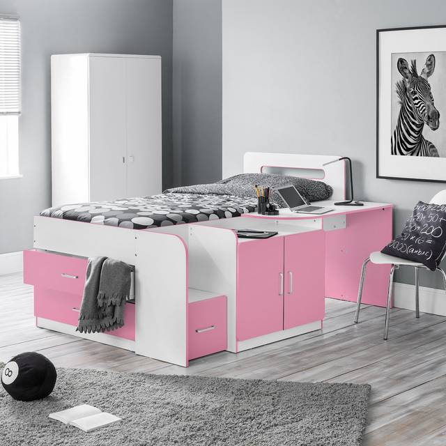 Cambell Single (3') Bunk Bed with Built-in-Desk - Pink