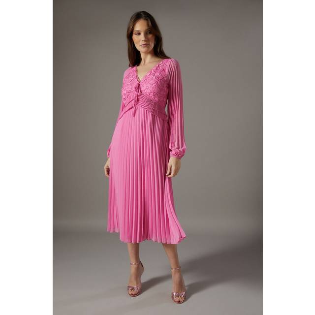 Lace Insert Long Sleeve Pleat Dress - Pink - 8
