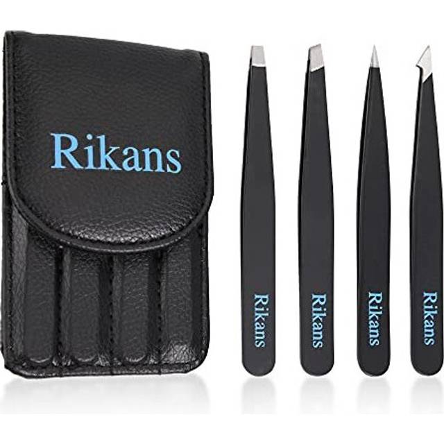 Rikans Precision Tweezers Set  Pack of 4 Black Professional Tweezers  Handy Carry Pouch  Superior Stainless Steel Tweezer Set  Splinters, Eye