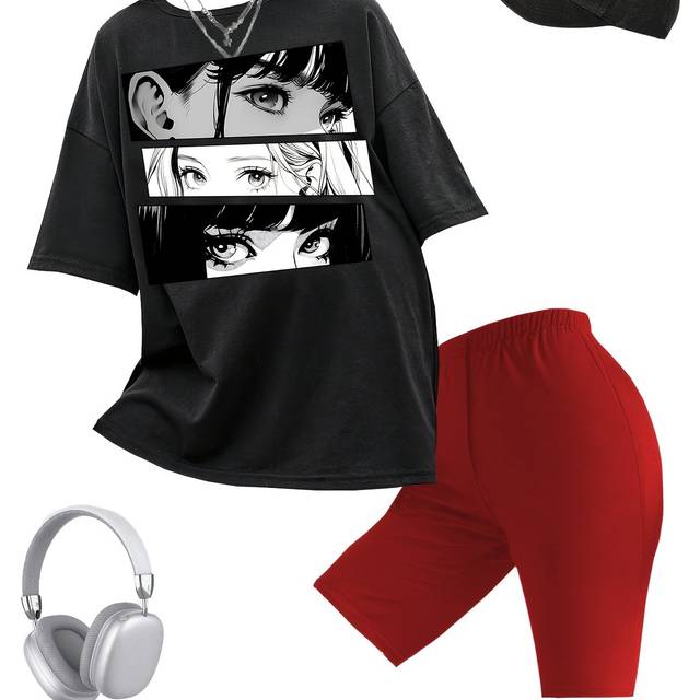 TEMU Teenage Girl Fashion Cartoon Girl Head Summer T-shirt + Shorts Two-piece Set
