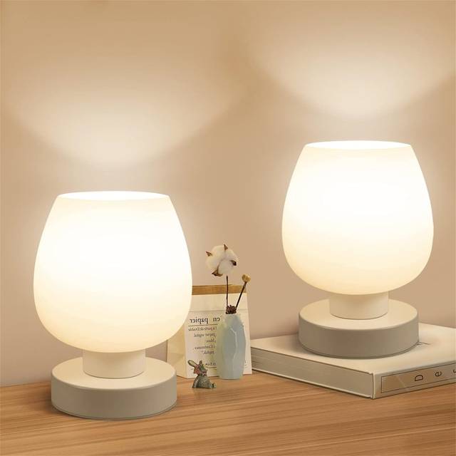 Touch Bedside Table Lamp Set Of 2 - Small Modern, 3-Way Dimable Desk Lamp - White (18cm H X 15cm W X 15cm D)