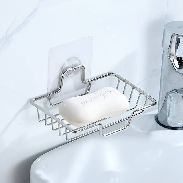 TEMU Stainless Steel Soap Dish - Wall-mounted, No-drill Paste Soap Dish, No-drill Soap Basket Bathroom Storage Shelf Wall-mounted Black Soap Holder Simple Soap Storage Rack