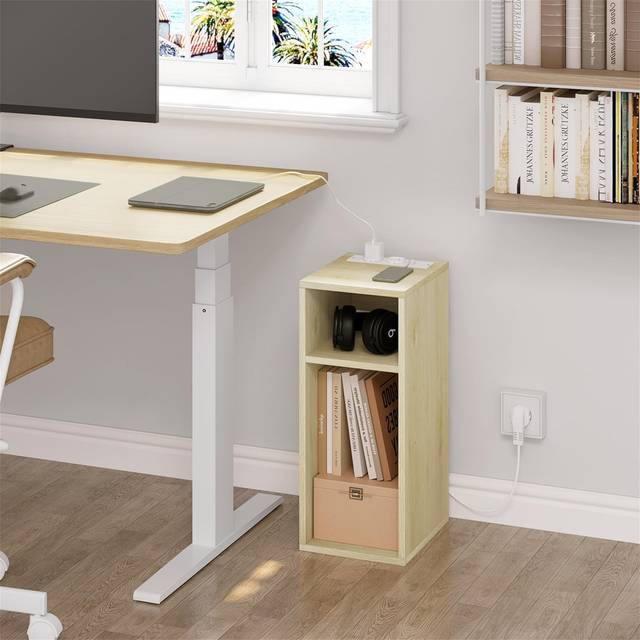 Nightstand With Charging Station For 2 Sockets And 2 USB Ports, Light Wood Side Table With 2 Open Compartments, Narrow Table For Living Room And Bedro - Brown (60cm H X 10cm W X 10cm D)