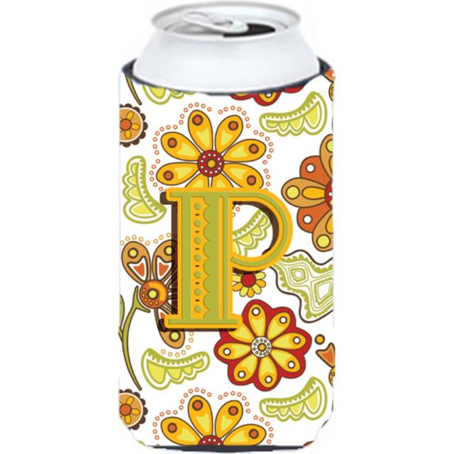 Letter P Floral Mustard and Green Tall Boy Beverage Insulator Hugger CJ2003-PTBC