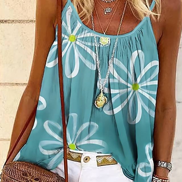 TEMU Women's Floral Print Sleeveless Cami Top - Light Blue With White Flowers And Green Leaves, Summer Beach Outfits, Casual Wear | Flowy Texture
