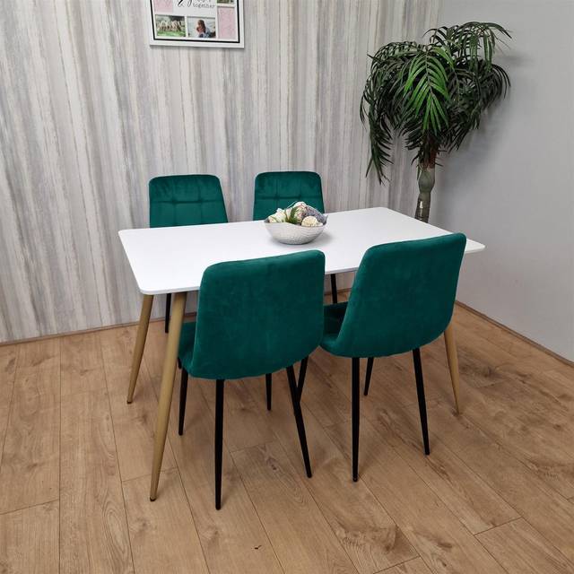 Wooden Dining Table Set for 4 White Wooden Table and 4 Green Velvet Chairs (4)