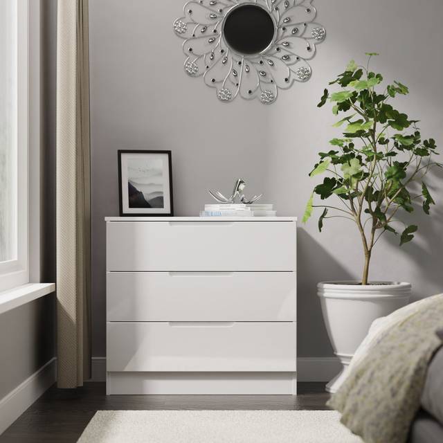 Milan 3 Drawer Chest in White Gloss & White (Ready Assembled) (70cm H X 74cm W X 39cm D)