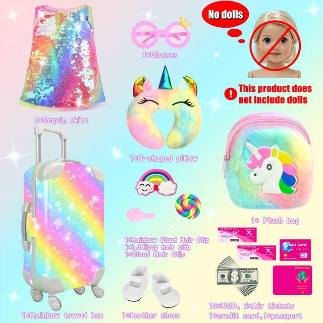 TEMU 24pcs 18 Inch Doll Clothes And Doll Accessories Case Luggage Travel School Play Set Suitcase, Dresses, Handbag, Glasses, Shoes (no Doll)
