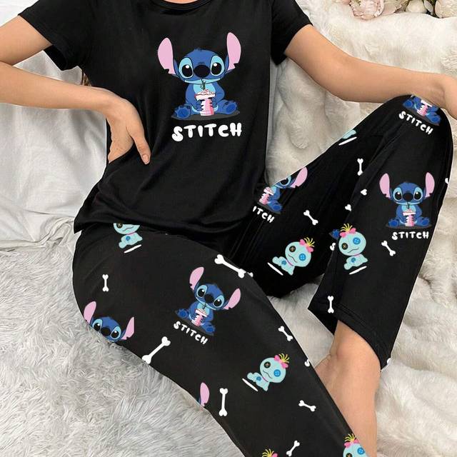 TEMU Licensed Stitch Pajama Set For Women - Slim Fit, Stretchy & Breathable Short Sleeve Top And Pants With Cartoon Print, Ice , Home Or Outing, Cute Pajama