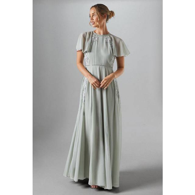 Angel Sleeve Embroidered Winter Floral Bridesmaid Maxi Dress - Sage - 8