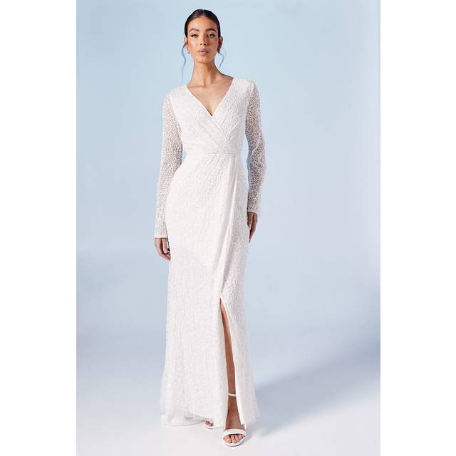 Wrap Bodice Long Sleeve Sequin Wedding Dress - Ivory - 10