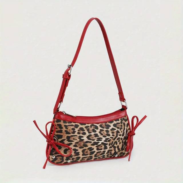 TEMU Fashion Shoulder Bag With Geometric Leopard Print, Zipper Closure, Polyester Lined, Versatile For Vacation, School, And Daily Commute