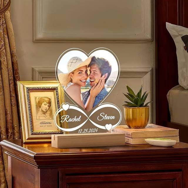 TEMU Customized Heart Photo Frame And Acrylic Plaque Set - Personalized Couple Anniversary, Wedding, Valentine's Day Gift - Easy , No Battery Required,