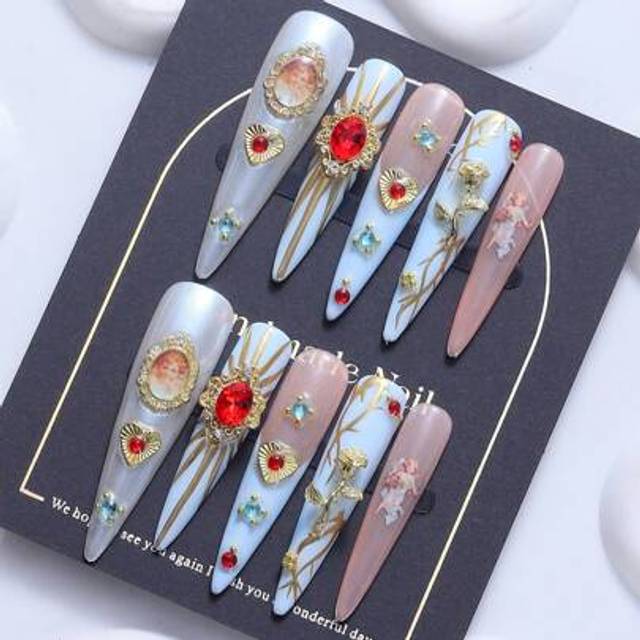 SHEIN 10pcs Long Pointed French Artificial Nails, Ice Moon Diamond Rose Embellished Y2K Chic, Handmade Elegant Nail Tips Suitable For Women And Girls