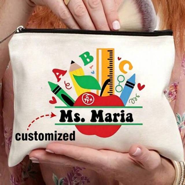 SHEIN 1pc Custom Name Thank You Teacher Personalized Gift Make Up Bag, Ladies Purse, Canvas Travel Toiletry Bag, Cosmetic Organizer Case, Back To School Tea