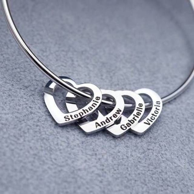 SHEIN Silver Personalized Engraved Multi 1-6 -Name Love Pendant Bangles For Women Custom Name Woman Heart Charm Stainless Steel Bracelet Gold Jewelry Mother