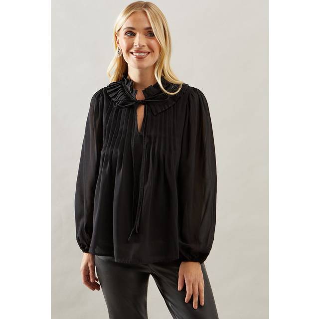 Womens Petite Velvet Trim Georgette Blouse - Black - 8
