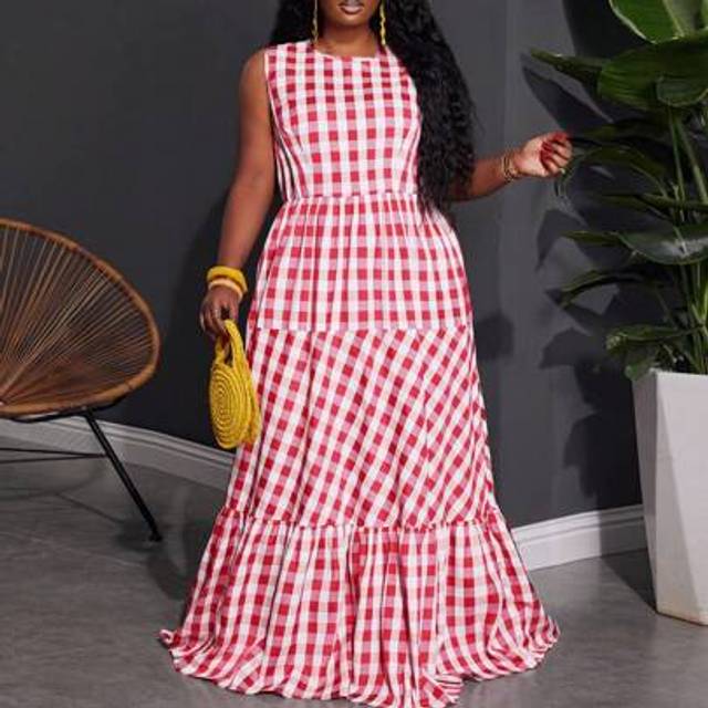 Slaydiva Plus Size New 2025 Styles: Sweet, Casual, Elegant & Resort Red Plaid Round Neck Patchwork Gathered Waist Sleeveless Dress With Pockets For Summer