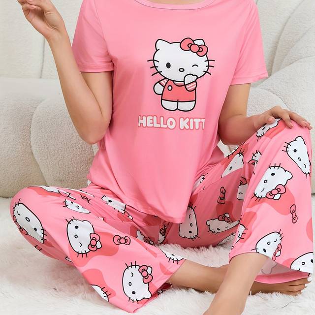 TEMU Hello Kitty Women's Cute Pajama Set, Short Sleeve Round Neck Top And Pants, Comfortable Loose Fit
