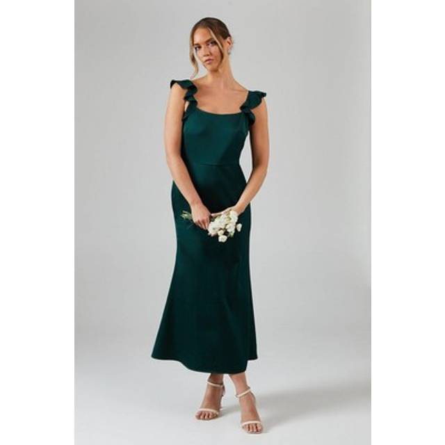 Oasis Womens Ruffle Square Neck Satin Bridesmaids Midi Dress - Emerald - Size 12 UK