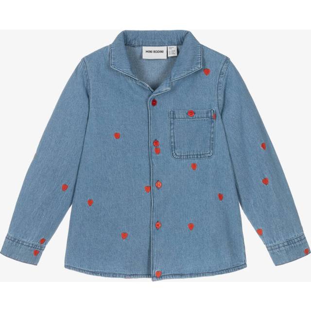 Mini Rodini Girls Blue Denim Shirt With Red Embroidered Hearts - 7-9 year