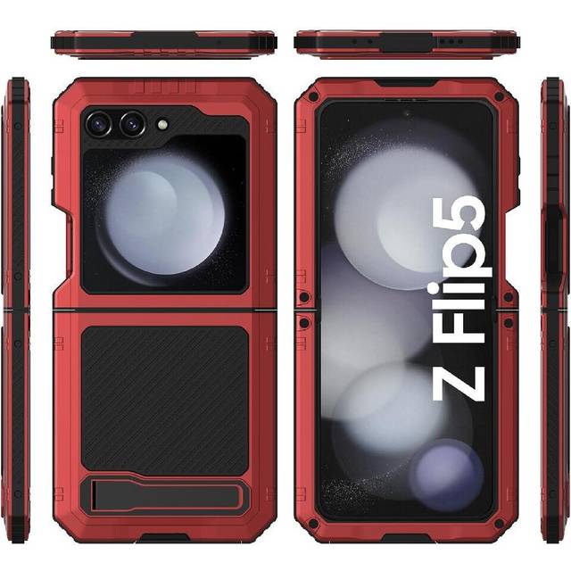 (Red) Metal Case for Samsung Galaxy Z Flip5 Hinge Protection Pen Holder Shockproofheavy Duty Rugged Stand Withkickstand