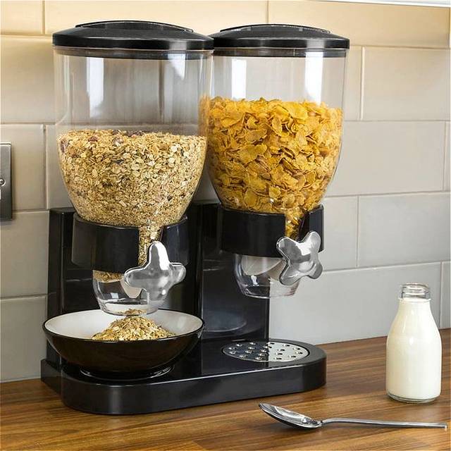 TEMU 4l Large Capacity Double Cereal Dispenser - Airtight Dry Food Storage Canister For Breakfast Cereal/snacks/candy, Space-saving Kitchen Organizer (29×16×35cm, Black)