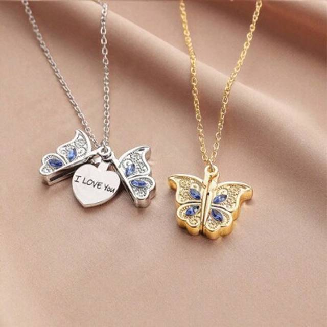 SHEIN Engraved &#34;I Love You&#34; Rhinestone Butterfly Openable Fashionable Necklace