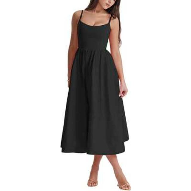 SHEIN Women&#39;s Summer Midi Dress Solid Color Sleeveless Backless Party Dress Spaghetti Strap Beach Dress