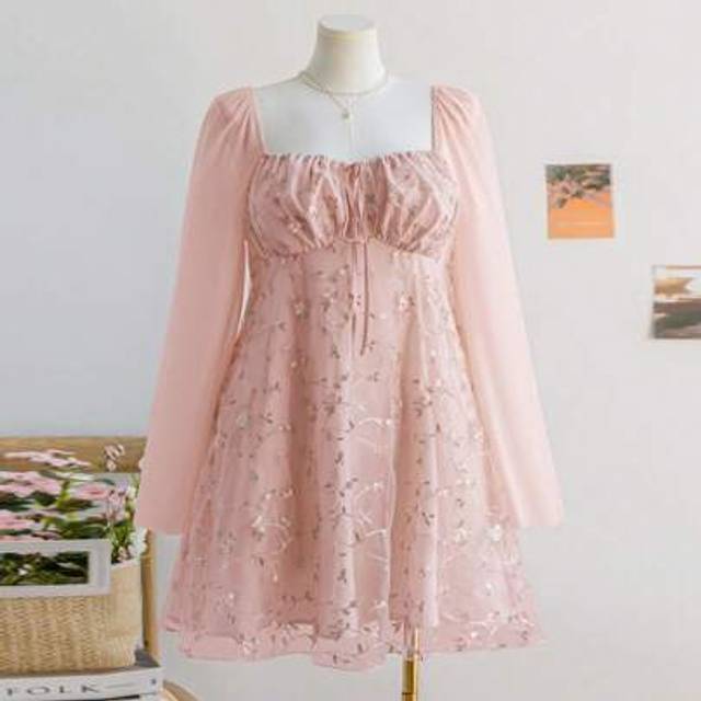 SHEIN Plus Size Women Romantic Floral Embroidered Mesh A-Line Dress With Bell Sleeve, Pink, Spring Vacation