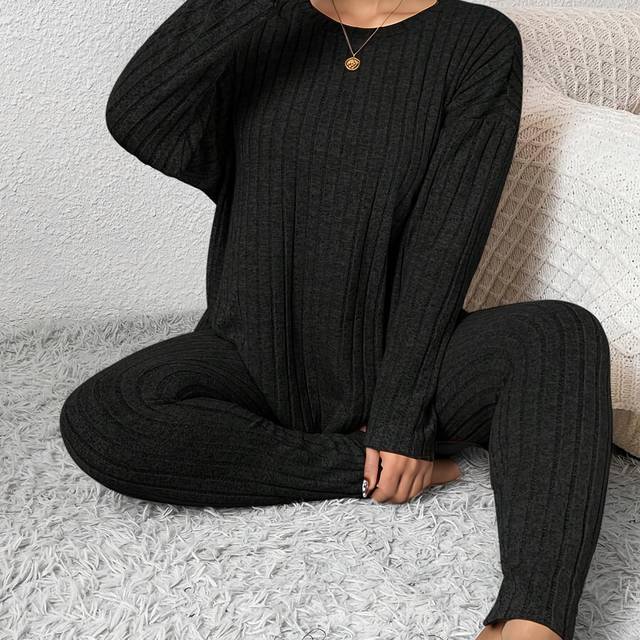 TEMU Women's Plus Size Two-piece Pajama Set - Casual With Ribbed Texture, Long Sleeve Top And Matching Pants, Soft And Comfortable, Wear