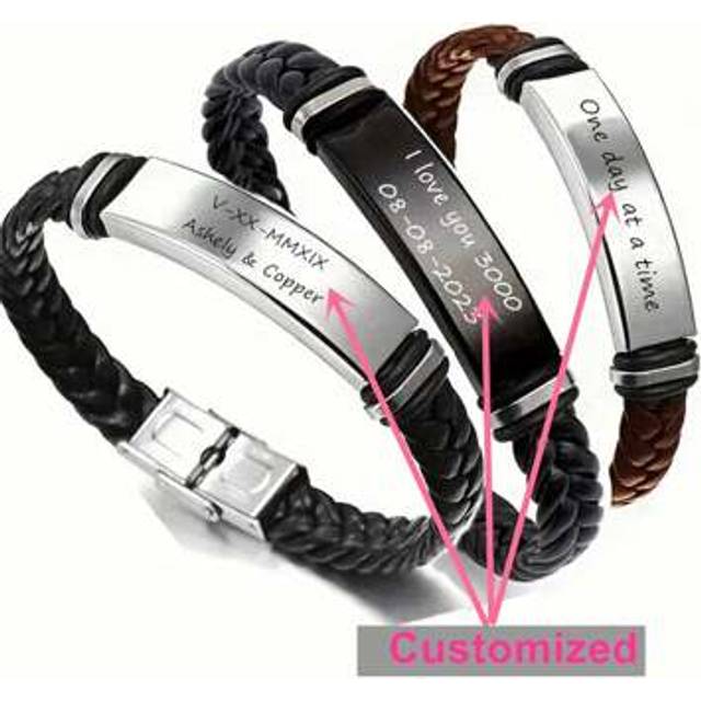 SHEIN Personalised Engraved Leather Bracelet Customised ID Nameplate Name Coordinate Message Free Engraving Bangle Man Birthday Gifts Fathers Day Christmas