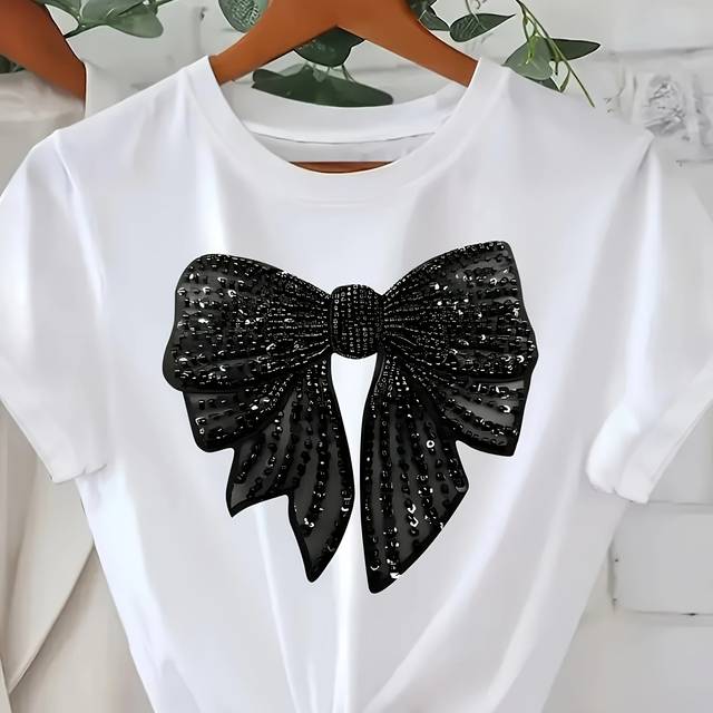 TEMU Women's Casual Short Sleeve T-shirt With Chic Black Bow & Glasses Print - Round Neck, Soft Fabric, Summer Essential For Casual Attire, Ladies T Shirts