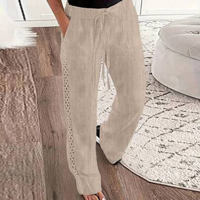 SHEIN Women&#39;s Casual Elastic Drawstring Waist Lace Trim Textured Fabric Comfort Long Pants, Spring/Summer