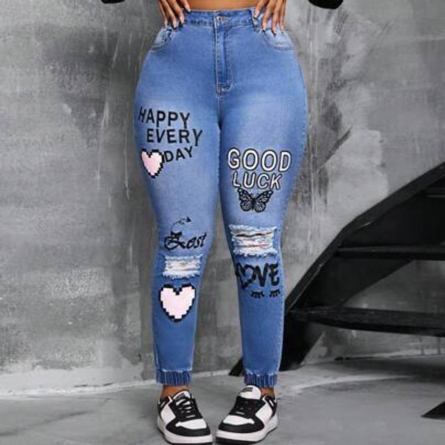 SHEIN Plus Size Stretch Denim Printed Skinny Jeggings