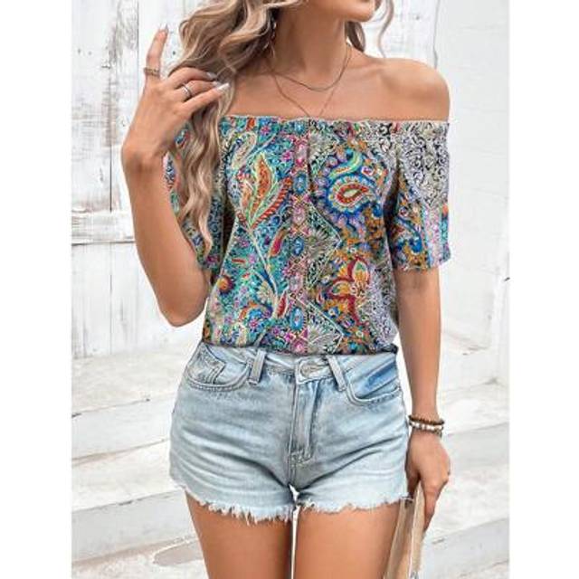 SHEIN Women&#39;s Paisley Print Off-Shoulder Short Sleeve Top - Bohemian Summer Blouse, Casual Boho Chic Shirt, Cute Vacation & Everyday Tops,Vintage Summer Top