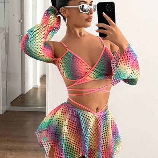 SHEIN Y2K Music Festival Party Club Colorful Mesh See-Through Strappy Off Shoulder Cropped Top And Asymmetrical Hem Mini Skirt 2 Pieces Set,Summer Sets