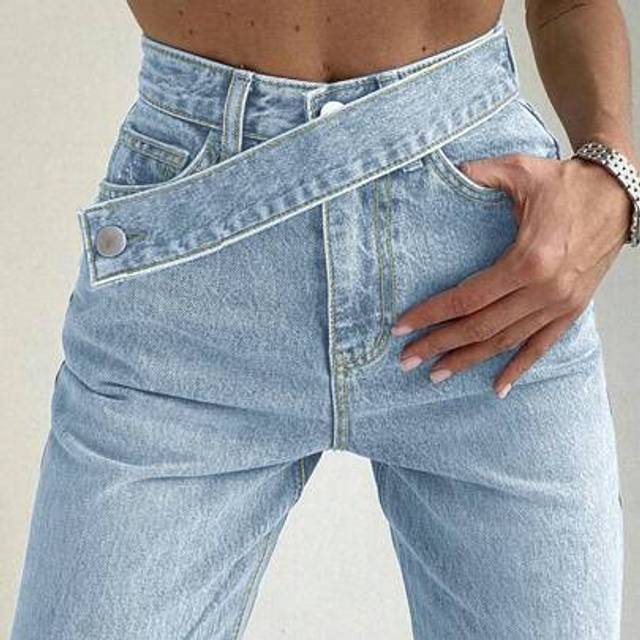 SHEIN Women Y2K Washed Pants Asymmetrical Waist Belt Decor Dailywear Slant Pockets Jeans Casual Denim Trousers