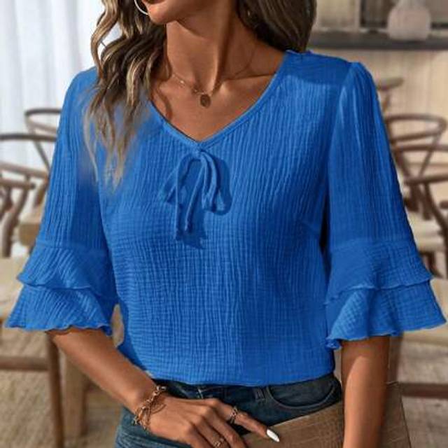 SHEIN Women Casual Ruffled V-Neck Short Sleeve Linen Blouse Shirt