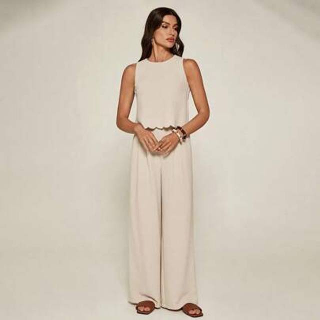 SHEIN Retro Vacation Women&#39;s Two Pieces Set With Hollowed-Out Bow Design Top + Wide-Leg Trousers, Comfortable And Casual Vacation Wear, Business Casual Woma