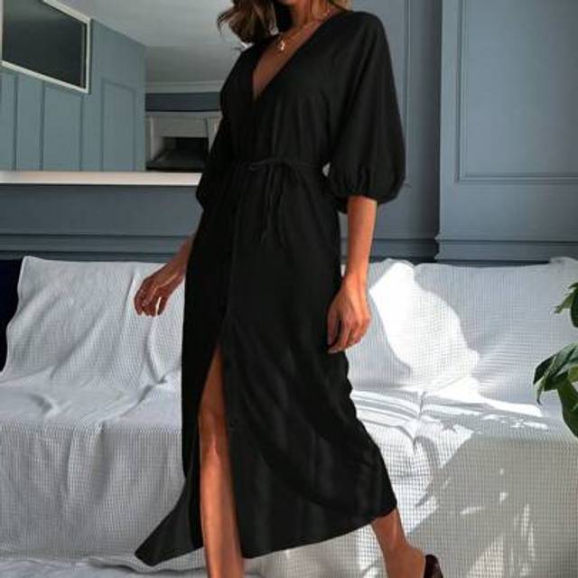 Sommar Casual Enfärgad Lantern Sleeve Button Front Dress - Svart (L,M,S)