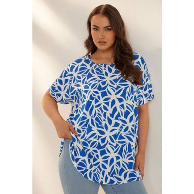 Yours Curve Blue Abstract Floral Print Boxy Short Sleeve Blouse, Women's Curve & Plus Size, Yours - 34-36