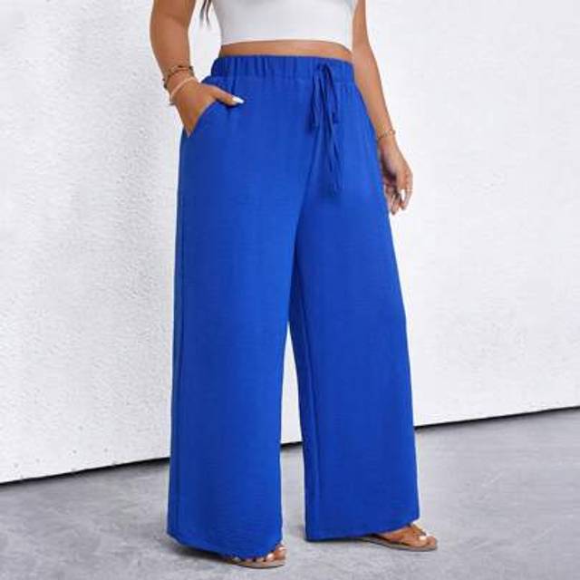 SHEIN Plus Size Women Solid Color Waist Tie Pockets Wide Leg Pants
