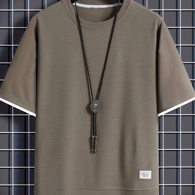 TEMU Men's Summer Waffle Texture Crew Neck T-shirt - Oversized Loose Fit Fake Two-piece Design, Lightweight 5/4 Sleeve Casual Top For Casual Attire, Relaxed Fit Tee, Waffle Fabric