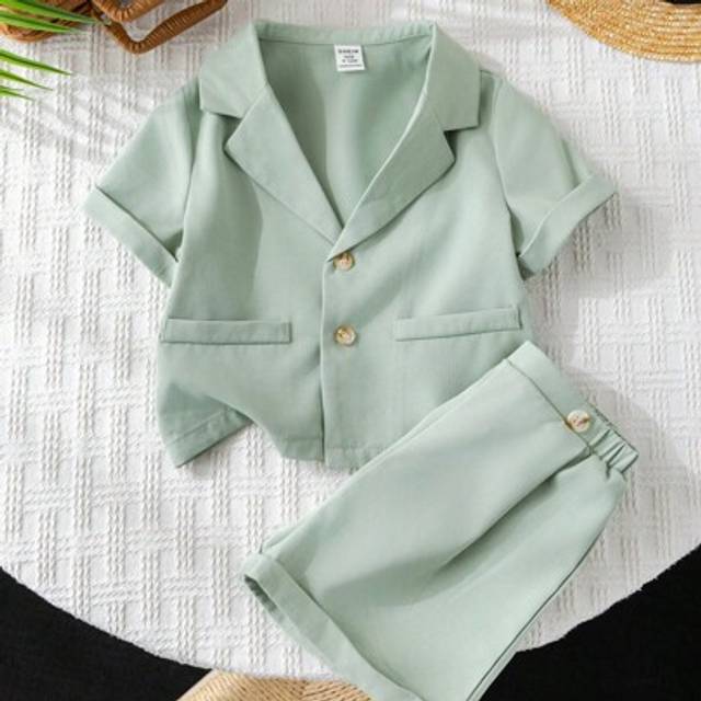 SHEIN 2pcs Baby Boy Solid Color Lapel Collar Short Sleeve Cardigan And Elastic Waist Shorts Set, Suitable For Birthday Party, Baptism, 1st Birthday Celebrat