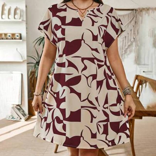 Plus-Size Kvinnor Boho Sommar Geometriskt Mönster Fritid Semester A Pose Vardags Damklänning - Bourgogne (0XL,1XL,2XL,3XL,4XL)