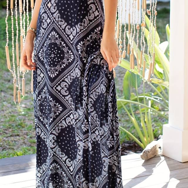 TEMU Boho Chic Summer Women's Maxi Skirt - Navy Blue Paisley Print, High-waisted , Lightweight Polyester Blend, Flowing Design For Casual Or Beach