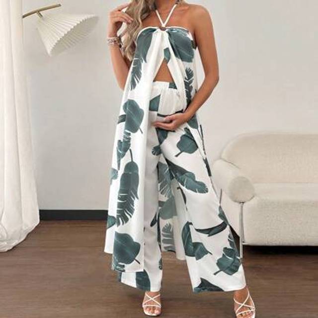 SHEIN 2pcs Maternity Leaf Print Halter Top And Pants Set, Summer Vacation